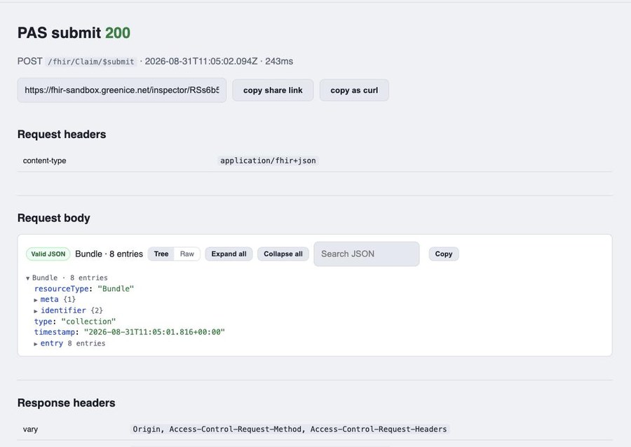 Detail view of a single PAS submit request showing headers and a browsable JSON body