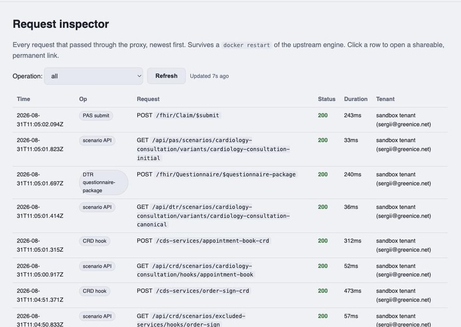Request inspector screen listing CRD, DTR, and PAS calls with status and duration