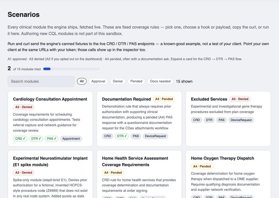 Scenario catalog screen listing clinical modules with approval, denial, and pended outcomes